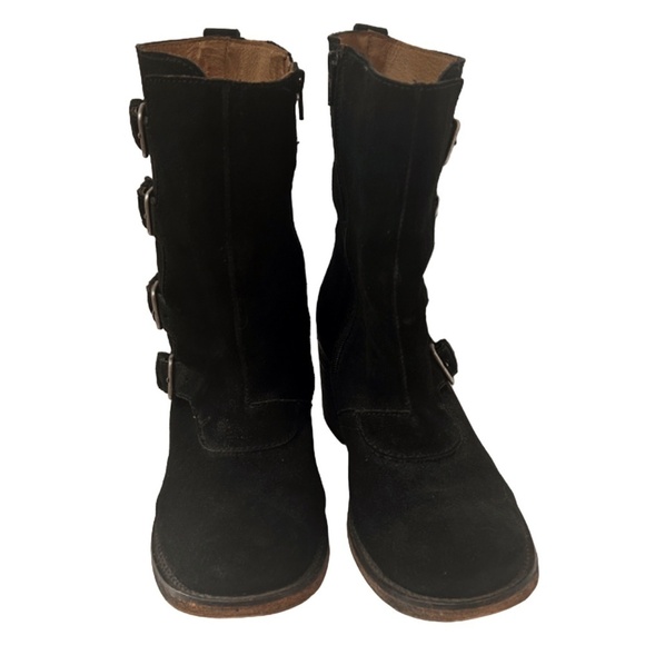 JL J. Litvack Moto Boots Booties Black Suede Four Buckle Chunky Stacked Heel - Picture 9 of 16